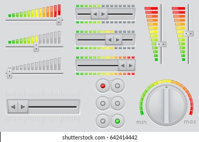 User Interface Buttons. Volume Bars And Round Knob Switch. Vector 3d Illustration