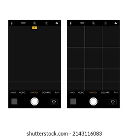 User interface of camera viewfinder. Focusing screen in recording time. Gallery, hdr, quality, image stabilization icon, ui. Vector illustration flat style