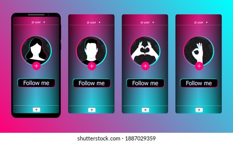 User interface carousel for a popular mobile app with different profile icons. Follow Button. Social network for making story, music video, blogging. Vector illustration. EPS10