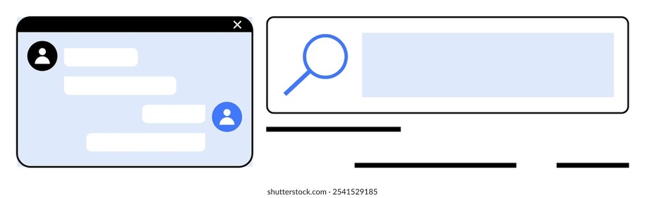 Interface do usuário com uma janela de bate- papo que mostra os ícones do usuário e uma barra de pesquisa com um ícone de lupa. Ideal para web design, aplicativos de comunicação, design de interface do usuário, funcionalidade de pesquisa, GUI