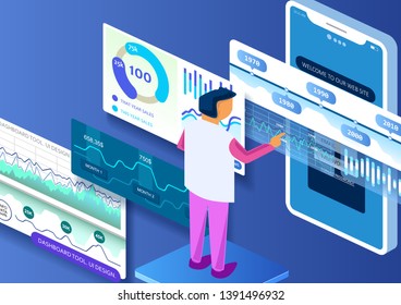 User interface concept. 3d isometric illustration. Start landing page for your projects.