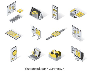User interface concept 3d isometric icons set. Pack elements of ui layout for computer, tablet, smartphone, board, watch, content, software and other. Vector illustration in modern isometry design