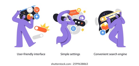 User interface concept illustration series. Purple characters interacting with digital elements showcasing user-friendly interface, simple settings configuration, and convenient search functionality.