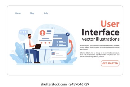 User Interface concept. Professional working on laptop navigating sophisticated dashboard. Engaging with user profiles, analytics, and feedback. Streamlined digital workspace. Flat vector illustration