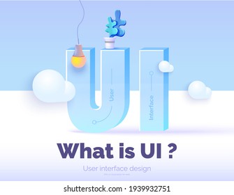 Ilustración conceptual de la interfaz de usuario. Letras volumétricas de la interfaz de usuario en un fondo azul con elementos decorativos. Estilo 3D de la ilustración vectorial.