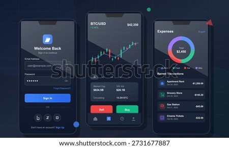 A user interface for a cryptocurrency trading app with a login screen, account balance details, and expense tracking for various transactions.