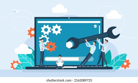 User interface customization, programming. Concept of creating, setting personal pages, and repairing. User customizes settings on monitor. Laptop screen with users personal page. Vector illustration