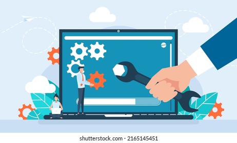 User interface customization, programming. Concept of creating, setting personal pages, and repairing. User customizes settings on monitor. Laptop screen with users personal page. Vector illustration