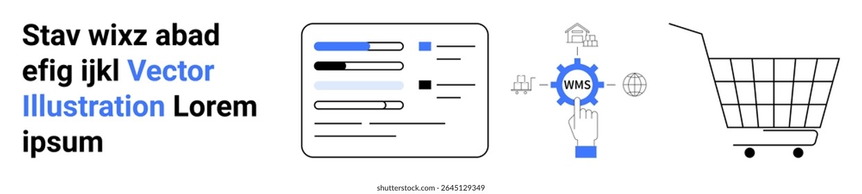 User interface dashboard with progress indicators, hand touching cogwheel surrounded by payment icons, shopping cart with wheels. Ideal for e-commerce, digital marketing, web design, tech services