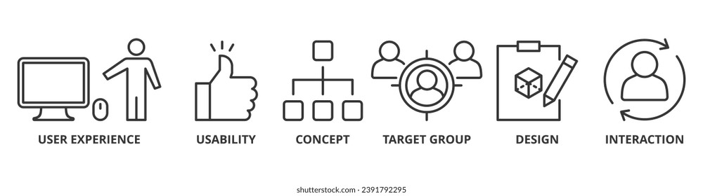 User interface design banner web icon vector illustration concept with icon of user experience, usability, concept, target group, design and interaction