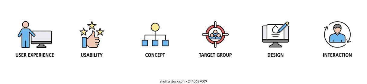 User interface design banner web icon set vector illustration concept with icon of user experience, usability, concept, target group, design and interaction