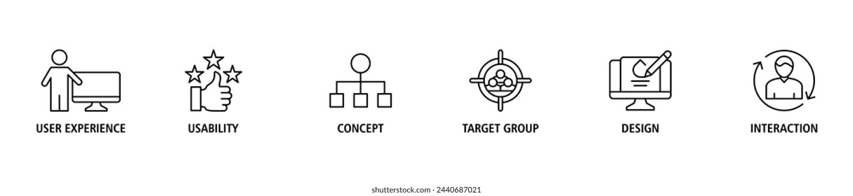 User interface design banner web icon set vector illustration concept with icon of user experience, usability, concept, target group, design and interaction