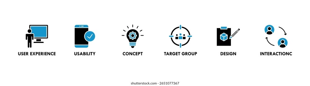 Design da interface do usuário banner ícone da Web vetor ilustração conceito com ícone da experiência do usuário, usabilidade, conceito, grupo alvo, design e interação