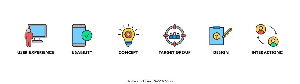 User interface design banner web icon vector illustration concept with icon of user experience, usability, concept, target group, design and interaction