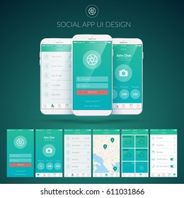 User interface design concept with different screens buttons and web elements for mobile social applications vector illustration