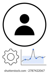User interface design, data analysis, business insights, technology management, optimization, digital strategies. Person icon, gear symbol data graph with trend points. User interface and data