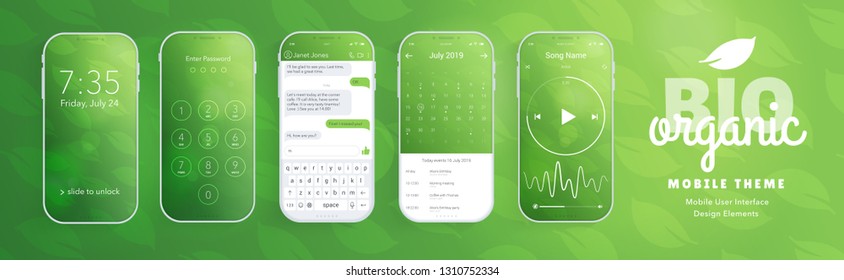 User interface design elements set green organic style – ready templates for you mobile app. Locked screen, password, chat, calendar, music player – screens in pack.