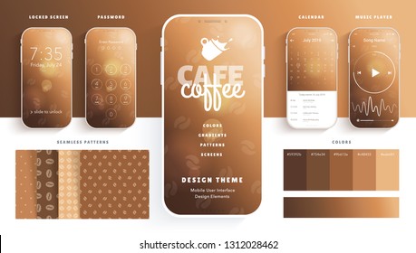 User interface design elements set brown coffee style – ready templates for you mobile app. Locked screen, password, chat, calendar, music player – screens in pack. Realistic thin white smartphone. 