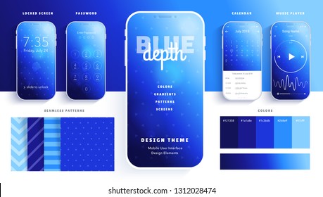 User interface design elements set blue depth sea style – ready templates for you mobile app. Locked screen, password, chat, calendar, music player– screens in pack. Colors, seamless patterns