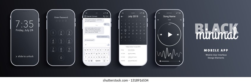 User interface design elements set dark grey black minimalism – ready templates for you mobile app. Locked screen, password, chat, calendar, music player– screens in pack. 