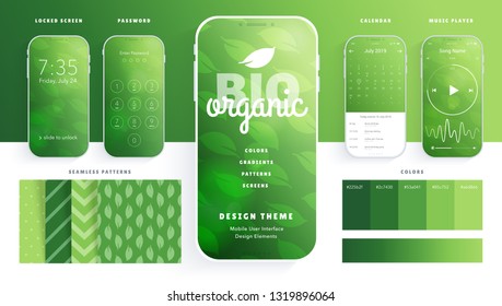 User interface design elements set green organic bio – ready templates for you mobile app. Locked screen, password, chat, calendar, music player – screens in pack. Realistic thin white smartphone. 
