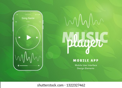 User interface design elements set green organic style – ready templates for you mobile app. Music player mock up on realistic thin white smartphone.