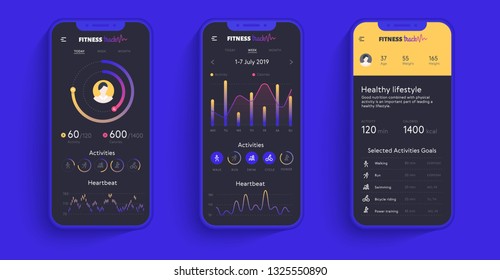 User Interface Design Elements Set Minimal Style Blue – Ready Templates Fitness Tracker Mobile App. Realistic Thin Smartphone Mock Up For Healthy Lifestyle. 