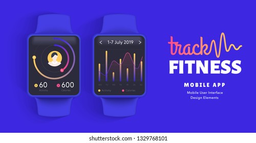 User interface design elements set minimal style blue – ready templates fitness tracker watch app. Realistic thin smart watch mock up for healthy lifestyle. 