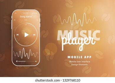 User interface design elements set brown coffee style – ready templates for you mobile app. Music player mock up on realistic thin white smartphone.