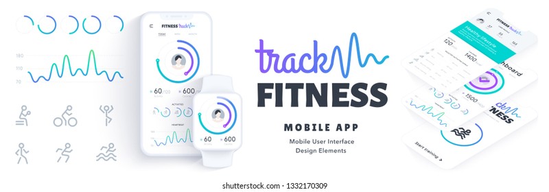 User interface design elements set minimal style – ready templates fitness tracker mobile app. Realistic thin white smartphone and smart watch mock up for healthy lifestyle. 