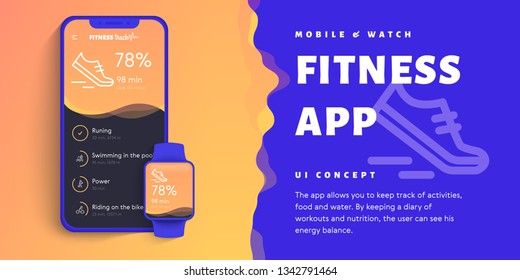 User interface design elements set minimal style blue – ready templates fitness tracker mobile app. Flat smartphone and smart watch mock up for healthy lifestyle. 