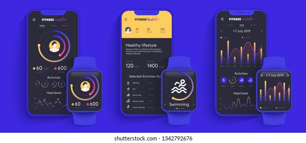 User interface design elements set minimal blue – ready templates fitness tracker mobile app. Realistic thin smartphone and watch mock up for healthy lifestyle.