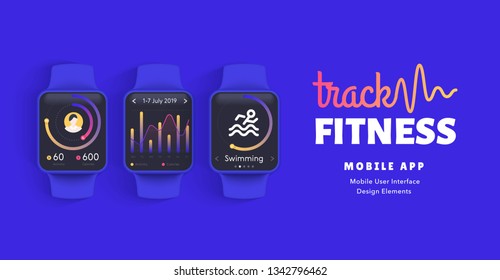 User interface design elements set minimal blue – ready templates fitness tracker mobile app. Realistic smart watch mock up for healthy lifestyle.