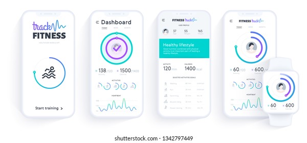 User interface design elements set minimal style – ready templates fitness tracker mobile app. Realistic thin white smartphone and smart watch mock up for healthy lifestyle. 