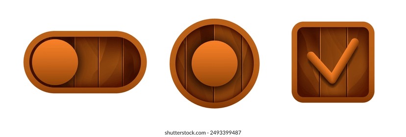 User interface design elements. Toggle button, Radio button and Checkbox. Vector set isolated on white background.