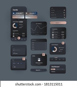 User interface design elements, widgets for online financial banking mobile application with charts, cards, account transactions, buttons and icons, dark colours, generic and fictional app interface