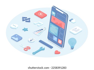 User interface design and user experiences development. App interface improvement. Phone with layout of web page. Vector illustration in 3d design. Isometric web banner.	
