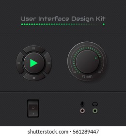 User Interface Design Kit. Player buttons, volume button, switch, microphone and headphone jacks.