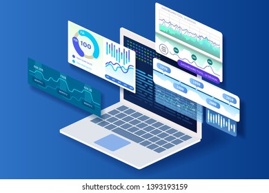 User interface design. Laptop with diagrams and infographic. Business 3d isometric illustration.