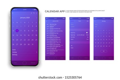 Diseño de interfaz de usuario. Aplicación de calendario móvil. Calendario de aplicación telefónica 2020 año. Nombres y fechas de festividades para 2020.