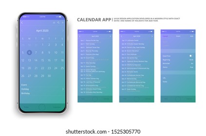 User interface design. Mobile calendar app. Phone app calendar 2020 year. Names and dates of holidays for 2020 year.