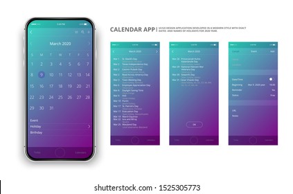 User interface design. Mobile calendar app. Phone app calendar 2020 year. Names and dates of holidays for 2020 year.