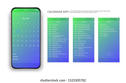 User interface design. Mobile calendar app. Names and dates of holidays for 2020 year.