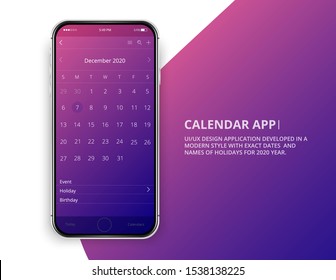 User interface design. Mobile calendar app. Vector mobile phone. Colorful phone template. Gradient phone. 