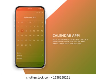 User interface design. Mobile calendar app. Phone app calendar 2020 year. Names and dates of holidays for 2020 year.