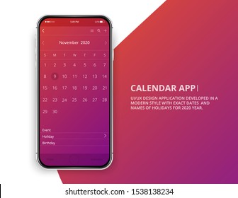 User interface design. Mobile calendar app. Phone app calendar 2020 year. Names and dates of holidays for 2020 year.