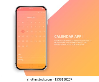 User interface design. Mobile calendar app. Phone app calendar 2020 year. Names and dates of holidays for 2020 year.