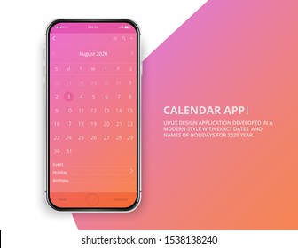 User interface design. Mobile calendar app. Phone app calendar 2020 year. Names and dates of holidays for 2020 year.