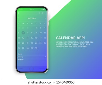 User interface design. Mobile trendy app. Phone app calendar 2020 year. Names and dates of holidays for 2020 year.