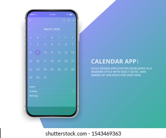 User interface design. Mobile trendy app. Phone app calendar 2020 year. Names and dates of holidays for 2020 year.